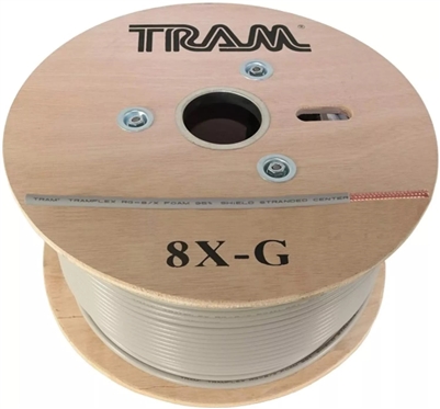 RG-8X Grey Coax Cable, Stranded Bare Copper Center. 500 Ft. Wood Reel. TRAM 8XG